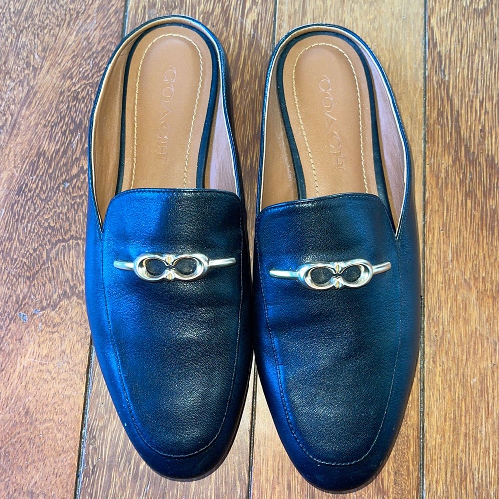 Coach black leather flat shoes mules 6.5